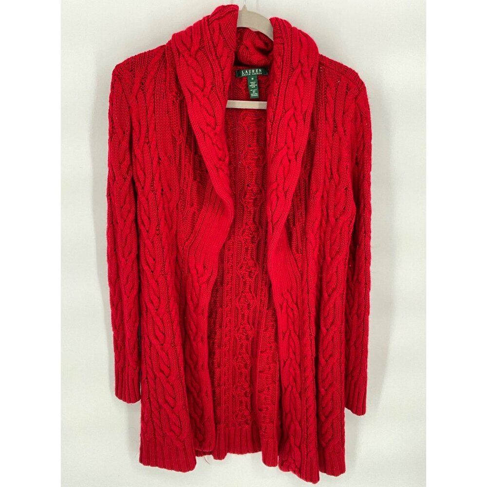 Lauren Ralph Lauren Red Cable Knit Cardigan Sweater Med Silk & Cashmere‎ Blend